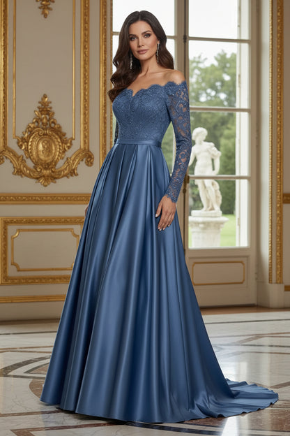 Off-the-Shoulder Lace & Satin A-Line Evening Gown