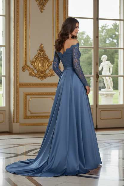 Off-the-Shoulder Lace & Satin A-Line Evening Gown