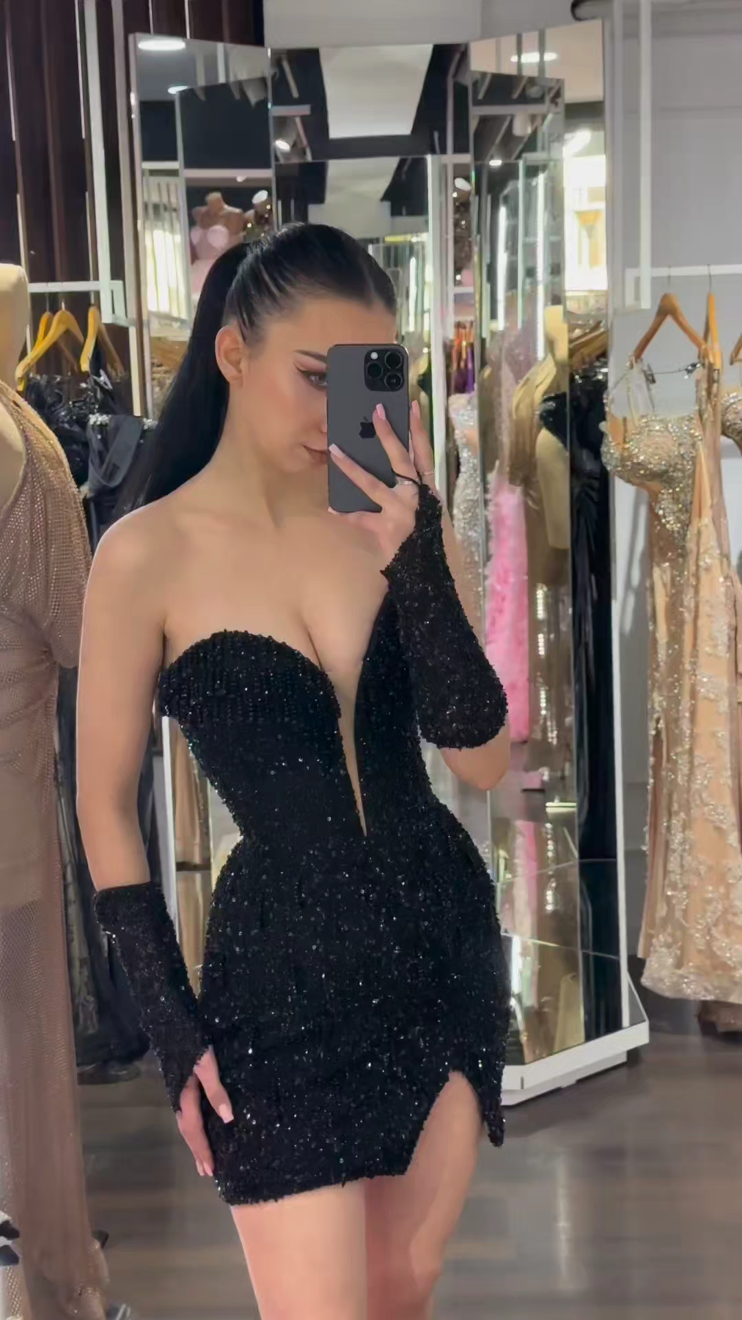 Strapless Sequin Mini Dress with Matching Sleeves