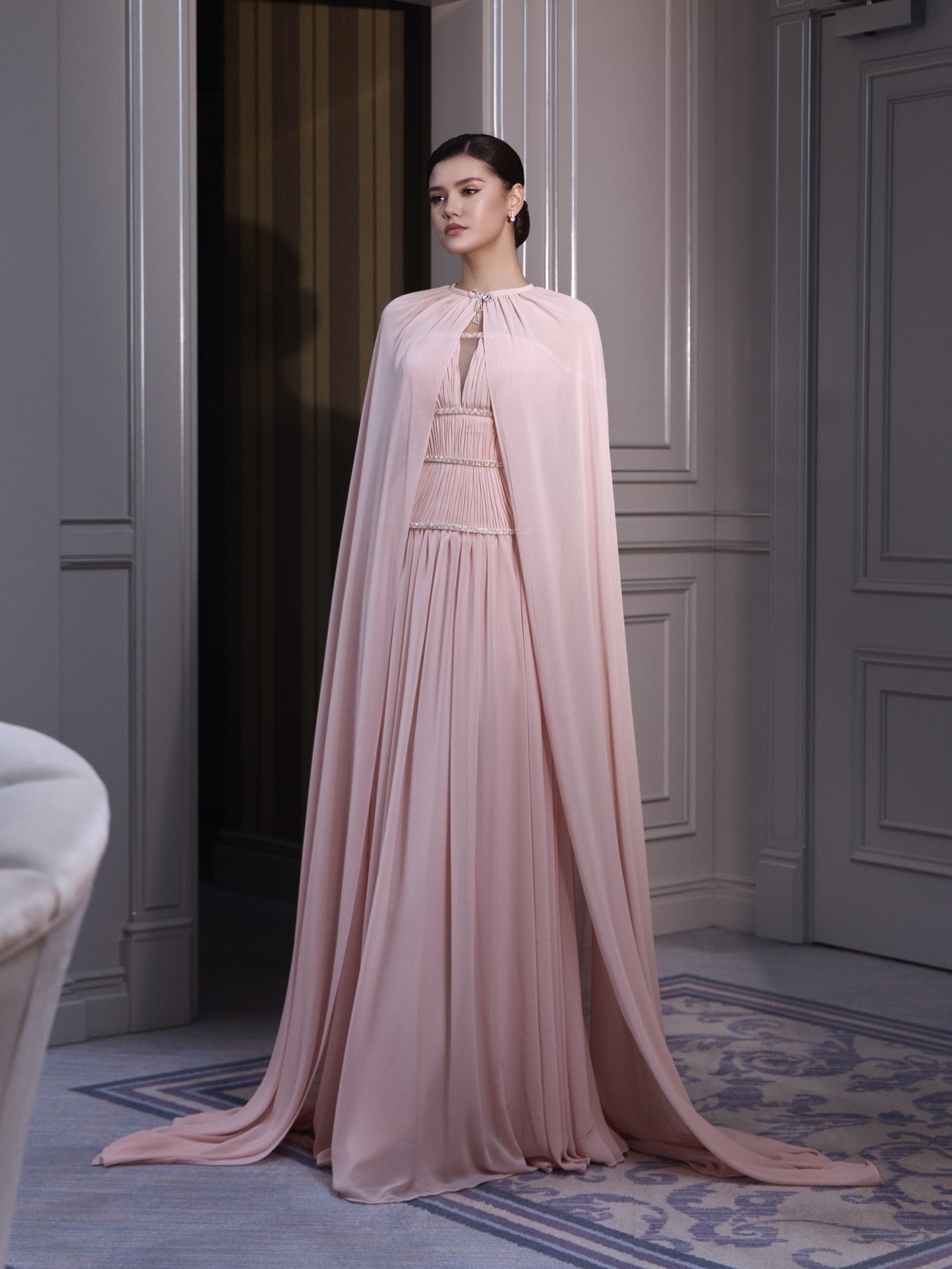 Pleated Cape Evening Gown