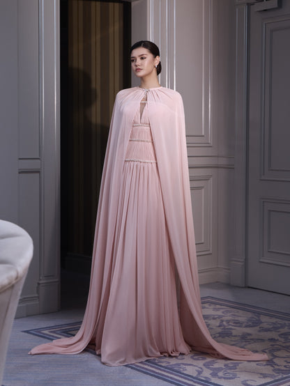 Pleated Cape Evening Gown