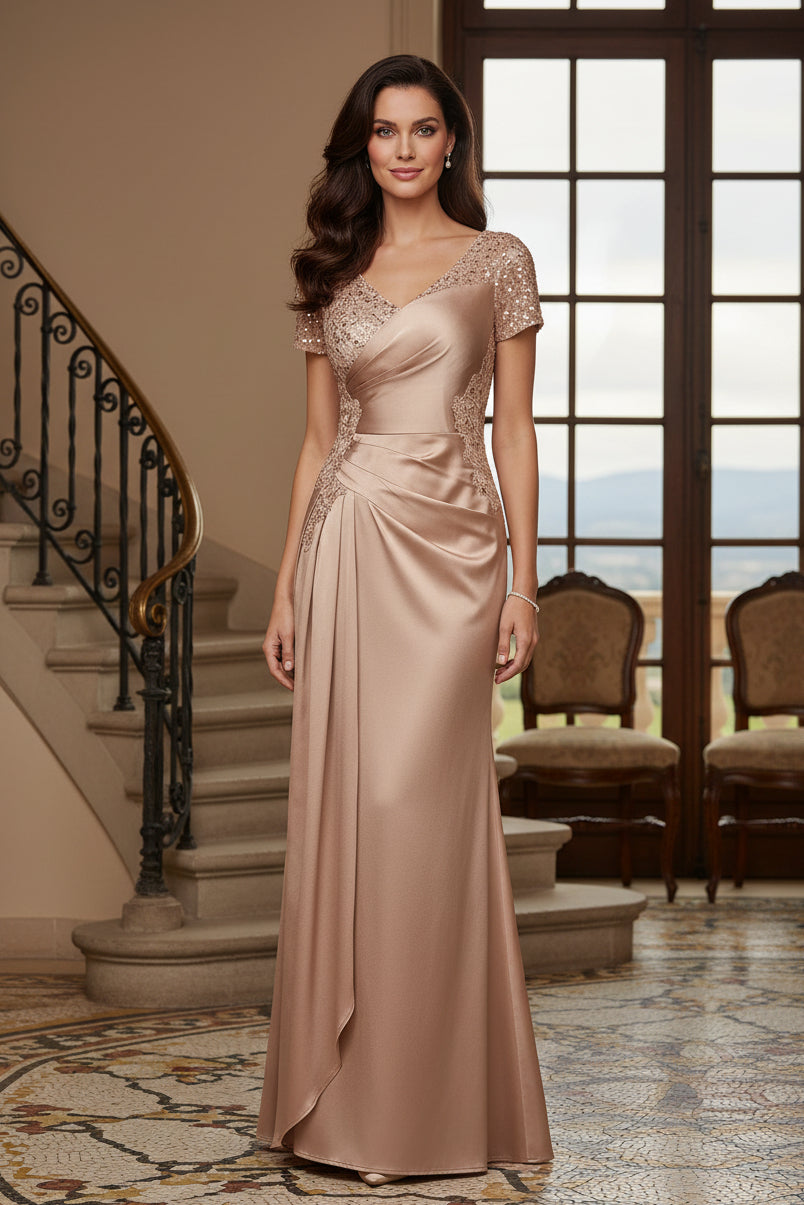 Sequin Lace Satin Sheath Gown with Draped Waist