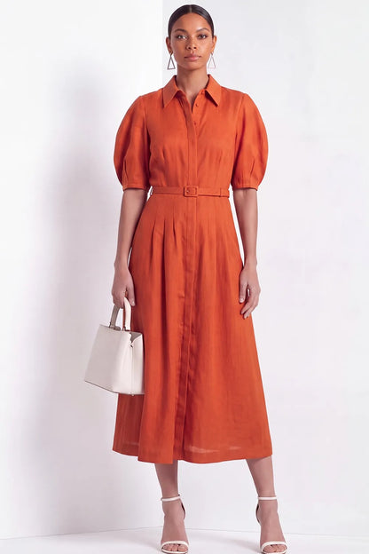 Puff Sleeve Belted Midi Shirt Dress