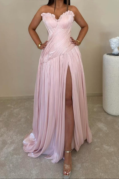 Strapless Pleated High-Slit Chiffon Gown