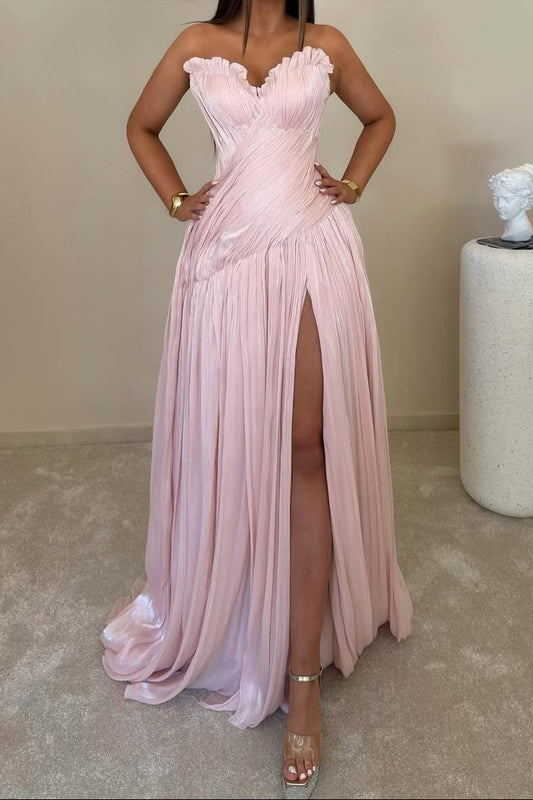 Strapless Pleated High-Slit Chiffon Gown