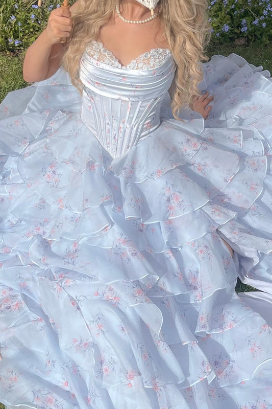 Floral Print Tiered Corset Ball Gown