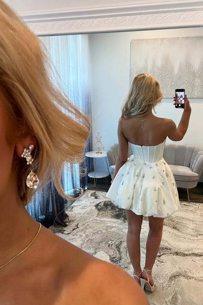 Crystal Beaded Strapless Corset Bubble Dress