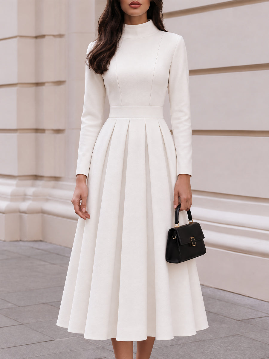 High-Neck Pleated A-Line Midi Dress with Long Sleeves