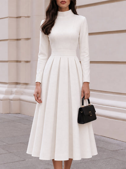 High-Neck Pleated A-Line Midi Dress with Long Sleeves