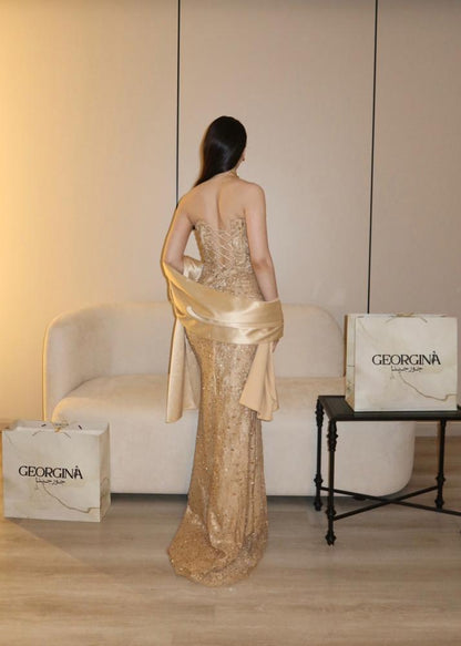 Strapless Beaded Corset Evening Gown with Shawl