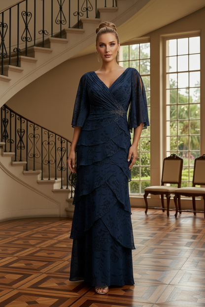 Floral Tiered V-Neck Flutter Sleeve Evening Gown