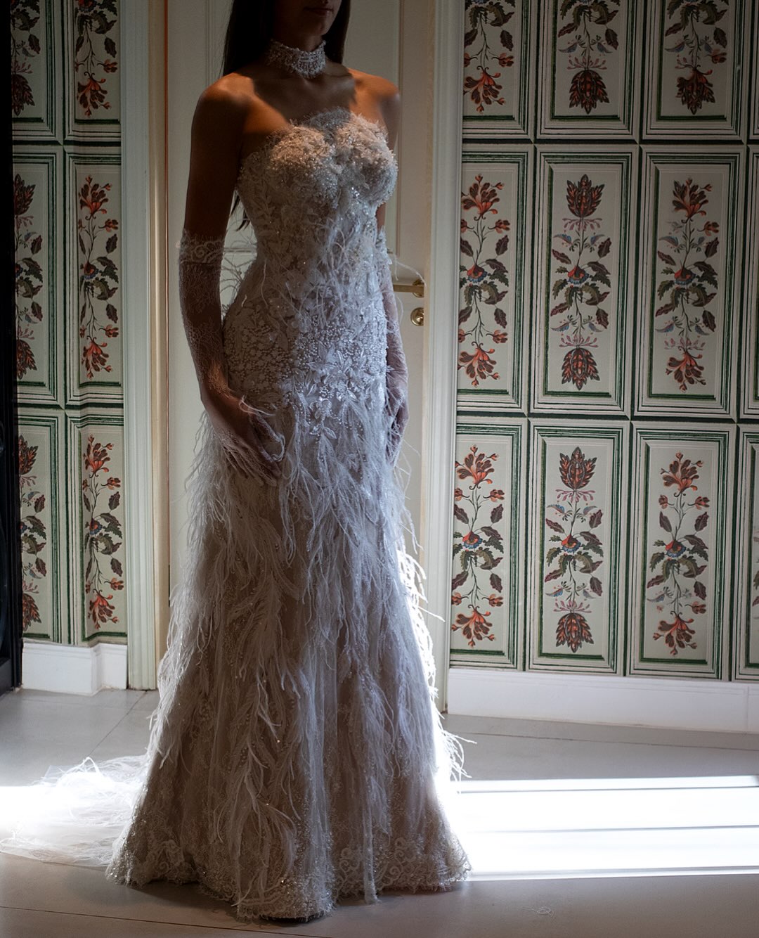 Strapless Feather Embellished Lace Wedding Dress