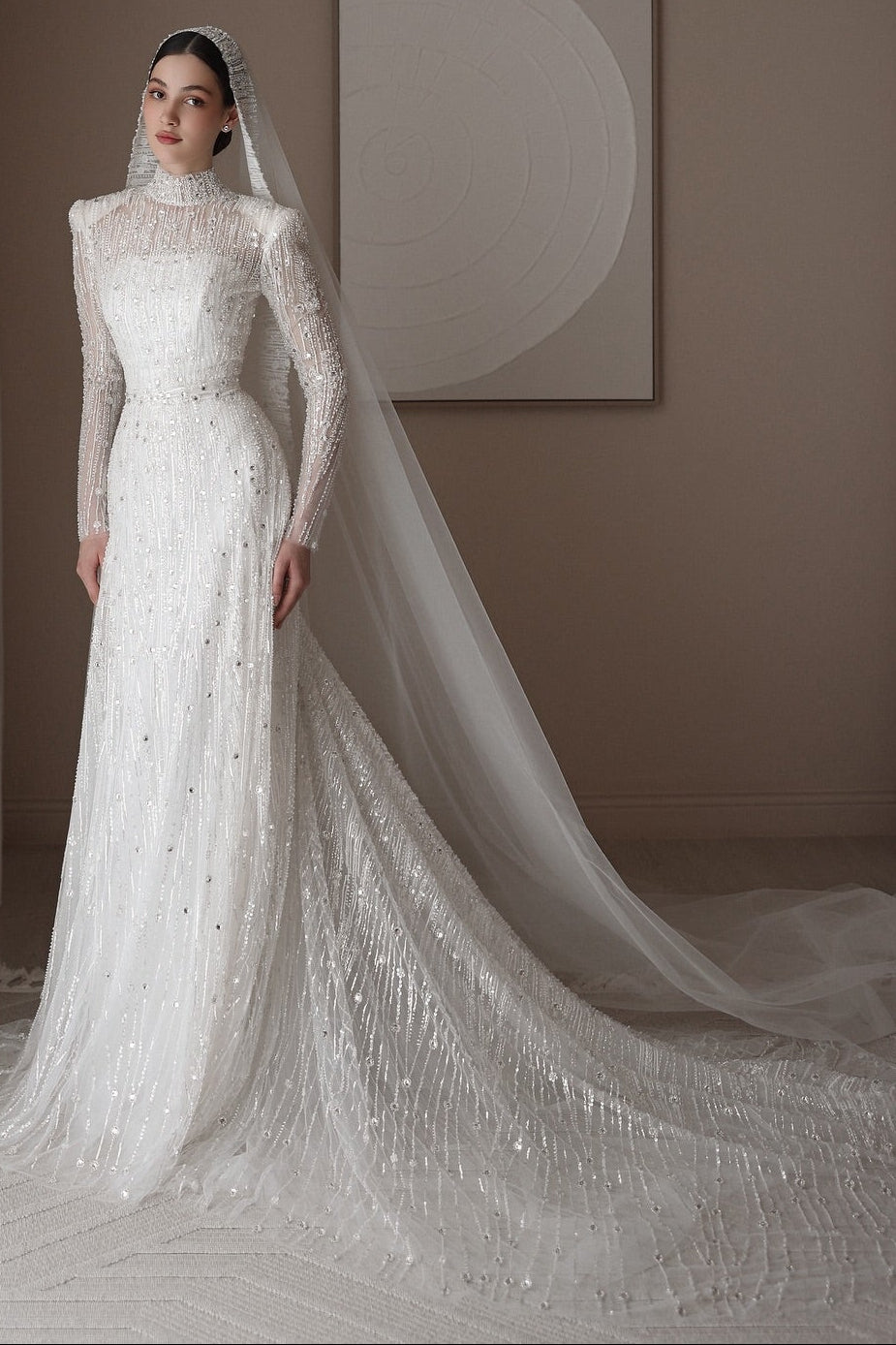 High Neck Beaded Long Sleeve Wedding Dress with Train