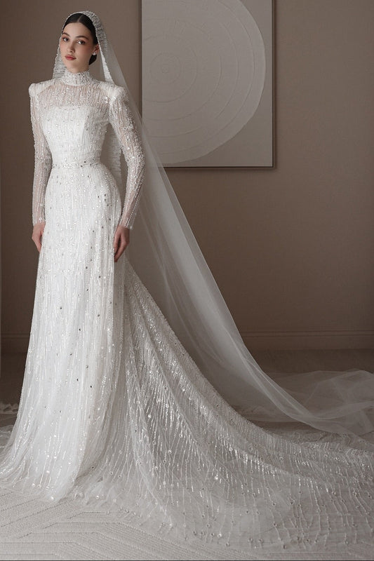 High Neck Beaded Long Sleeve Wedding Dress with Train