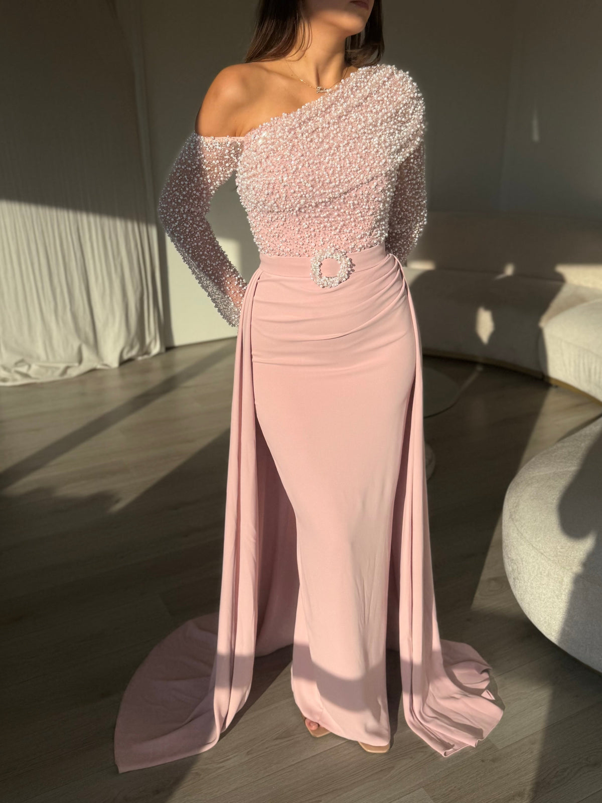 One-Shoulder Pearl Bodice Gown with Side Slit Overskirt