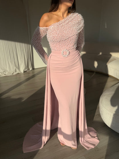 One-Shoulder Pearl Bodice Gown with Side Slit Overskirt