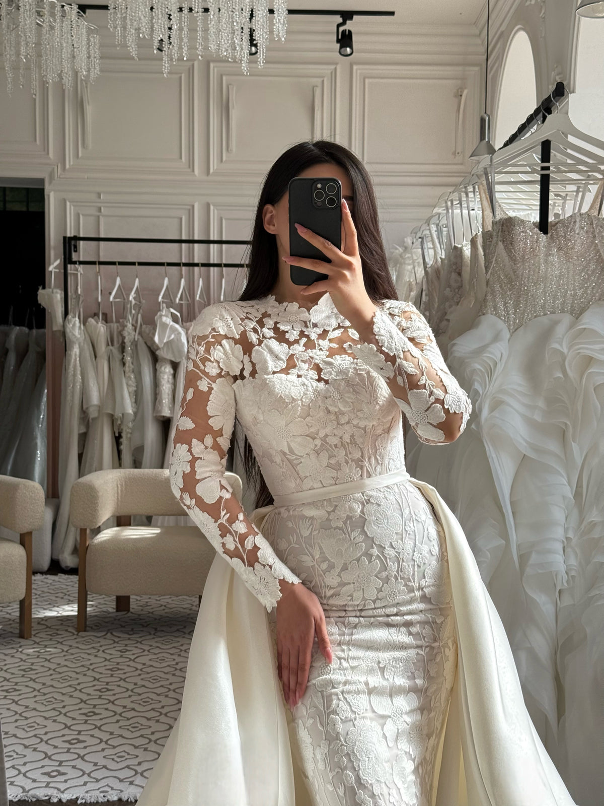Floral Lace Sheath Wedding Dress with Overskirt