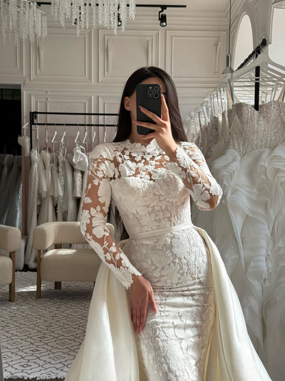 Floral Lace Sheath Wedding Dress with Overskirt
