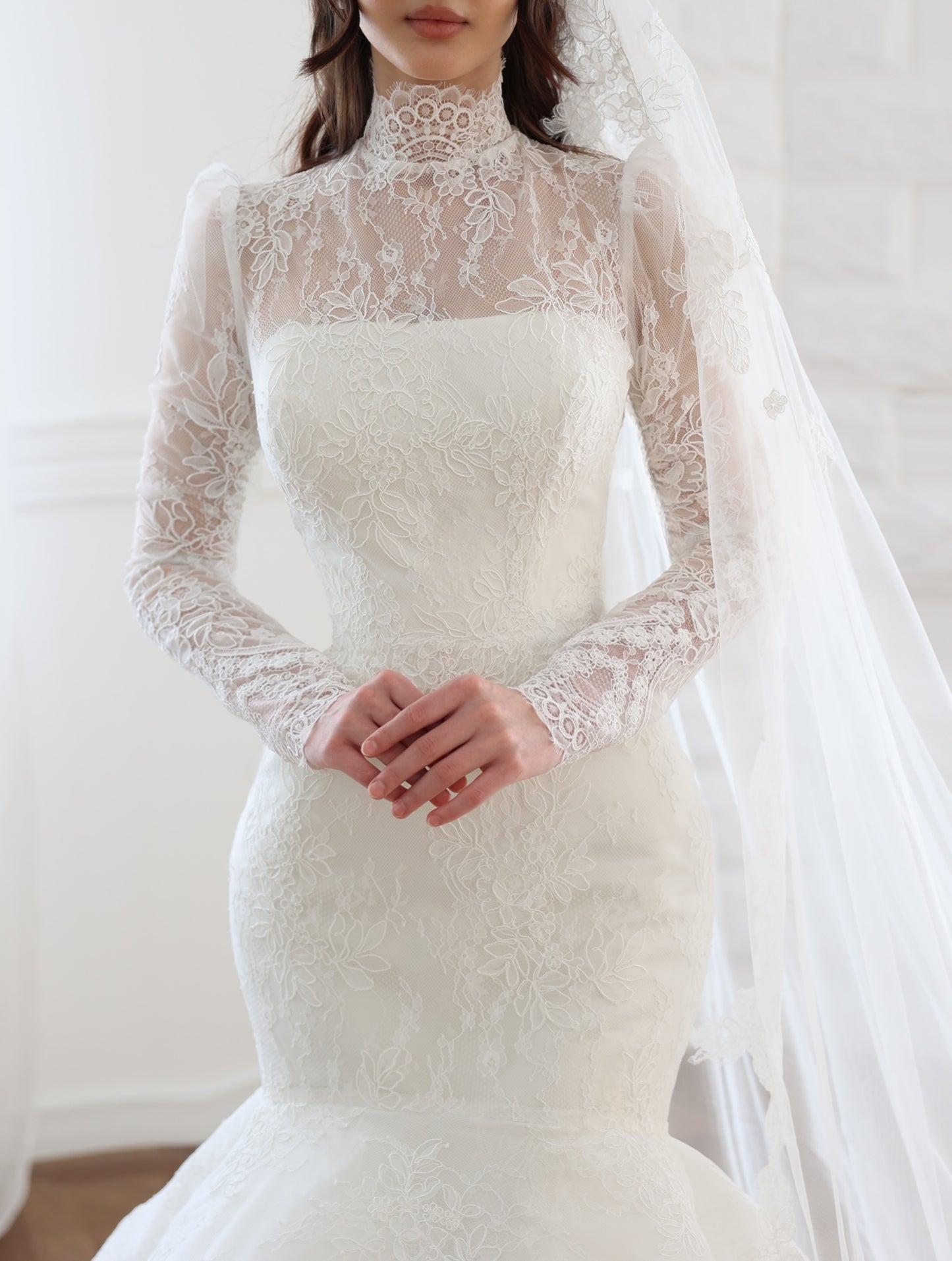 Lace High Neck Mermaid Wedding Dress with Sleeves