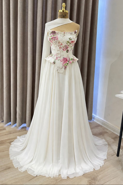 Floral Corset A-Line Gown with Draped Wrap