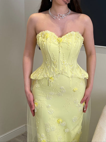 Strapless Corset Peplum Gown with Floral Beading