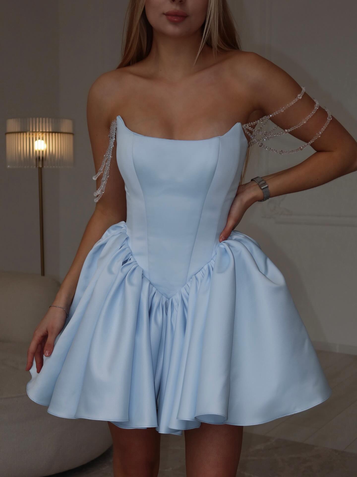 Off-Shoulder Fit and Flare Mini Dress with Beaded Straps