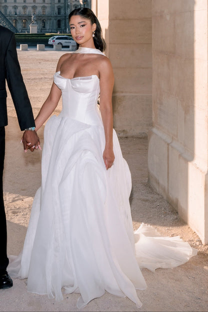 Strapless Corset Wedding Dress with Trailing Scarf