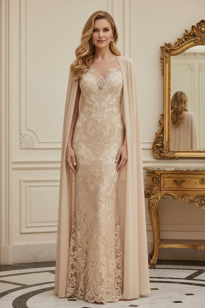 Lace Sheath Evening Gown with Long Illusion Cape