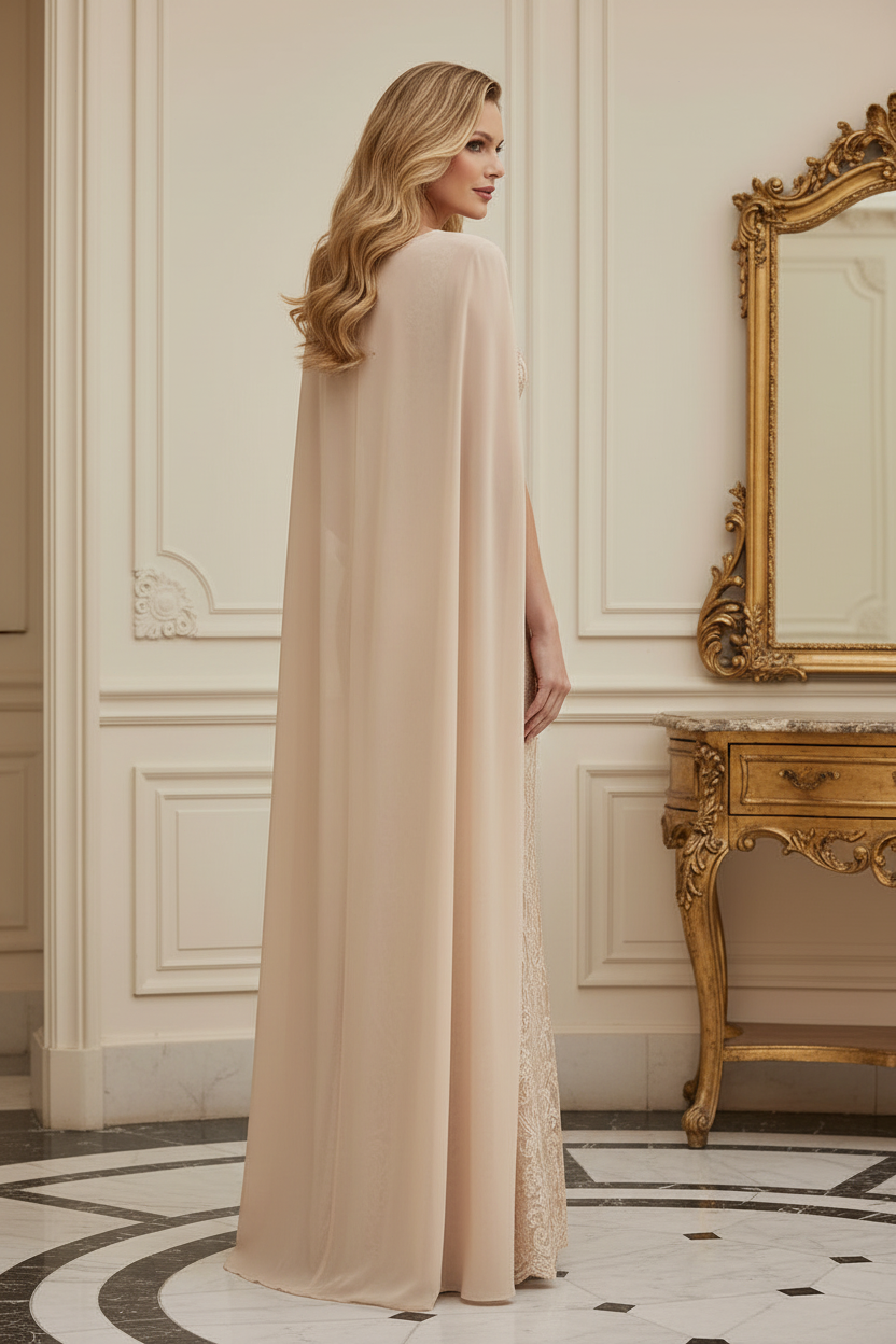 Lace Sheath Evening Gown with Long Illusion Cape