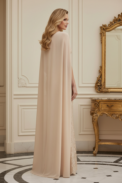 Lace Sheath Evening Gown with Long Illusion Cape
