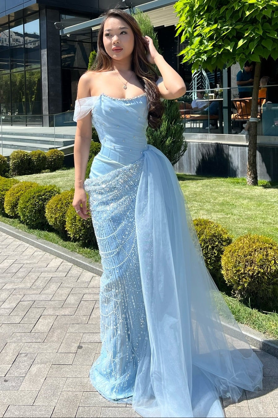 Off-the-Shoulder Beaded Corset Gown with Side Drape