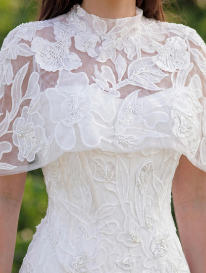 Floral Embroidered Capelet Ankle-Length Dress