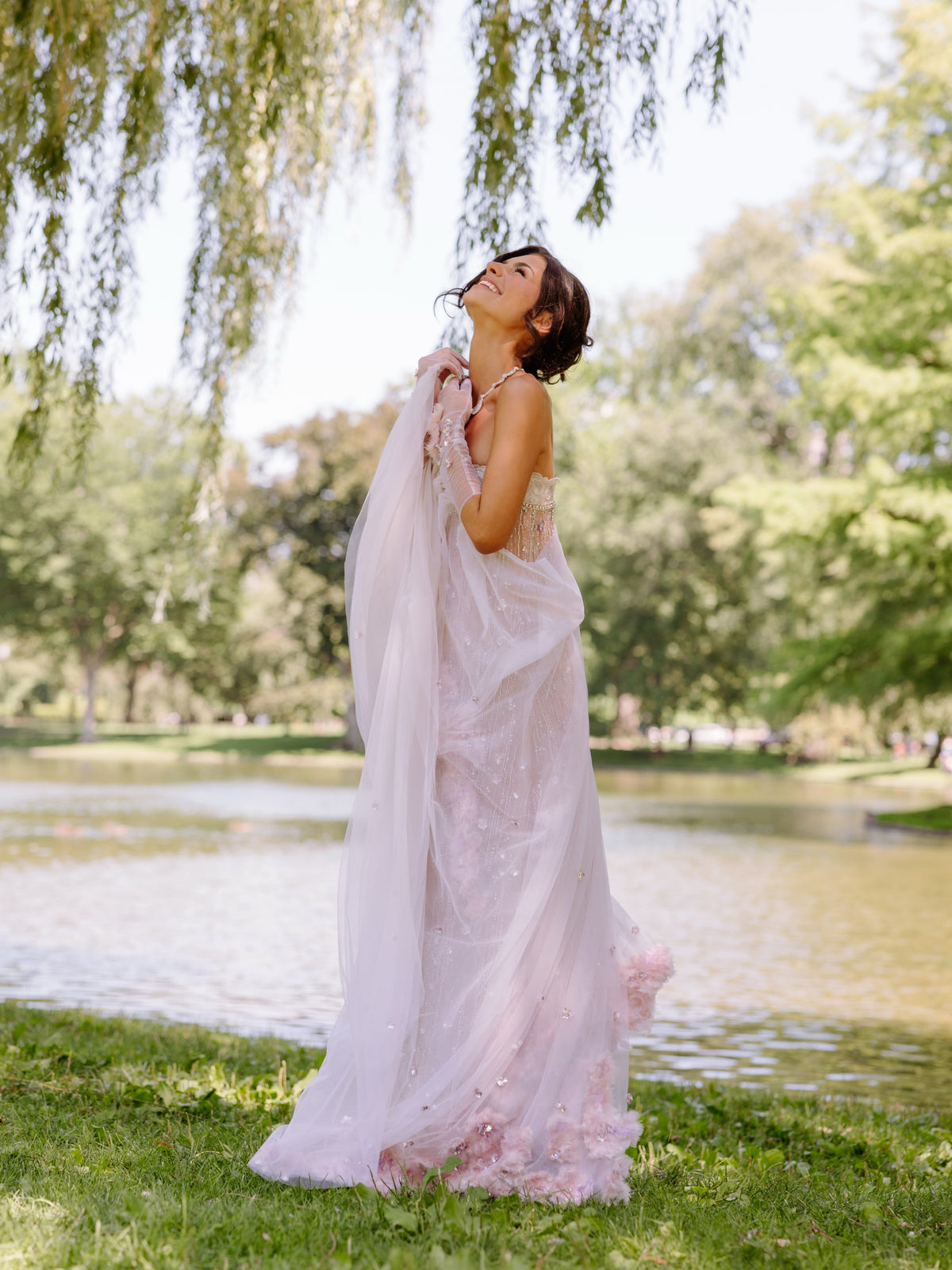 Beaded Fringe Column Gown with 3D Appliques