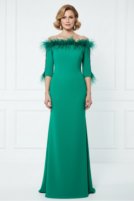 Feather-Trimmed Embellished Mermaid Gown