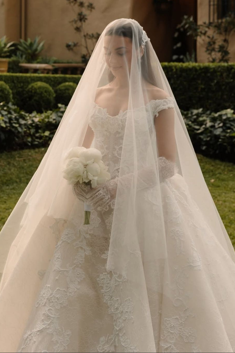 Off-the-Shoulder Lace Applique Ball Gown Wedding Dress