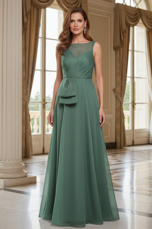Pleated Illusion Neckline A-Line Evening Gown