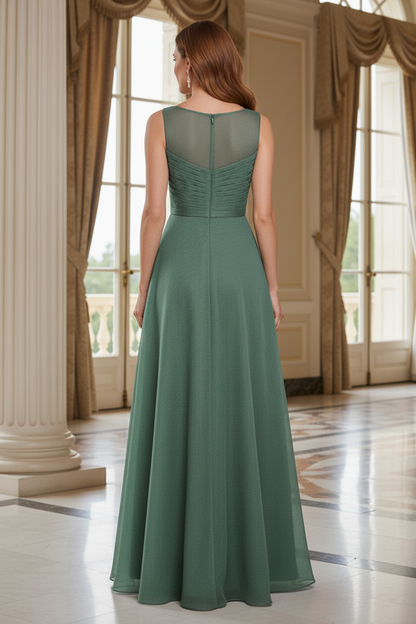 Pleated Illusion Neckline A-Line Evening Gown