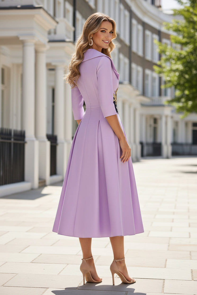 Midi Dress with Notch Collar and Embroidered Waist Applique