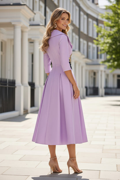 Midi Dress with Notch Collar and Embroidered Waist Applique