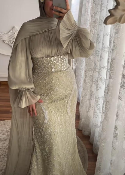 Modest Long Sleeve Beaded Mermaid Evening Gown