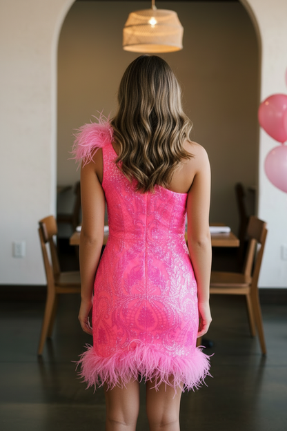 One-Shoulder Sequin Mini Dress with Feather Trim