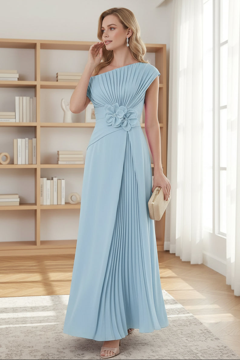Sky Blue One Shoulder Pleated Chiffon Mother of the Bride Dress with 3D Flower