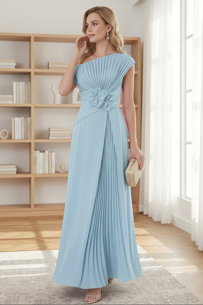 Sky Blue One Shoulder Pleated Chiffon Mother of the Bride Dress with 3D Flower