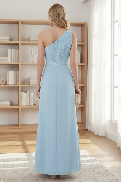 Sky Blue One Shoulder Pleated Chiffon Mother of the Bride Dress with 3D Flower
