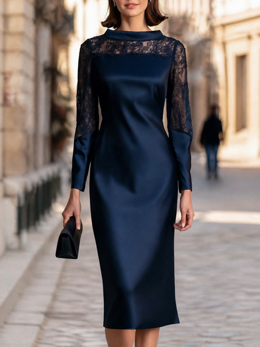 Lace Yoke Long Sleeve Satin Sheath Midi Dress