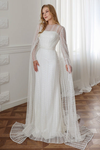 Beaded Cape Sleeve Sheath Wedding Dress