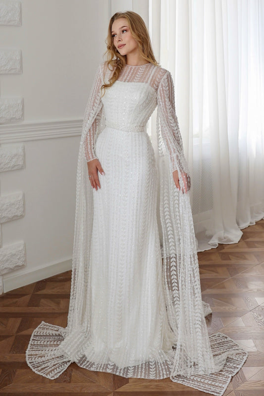 Beaded Cape Sleeve Sheath Wedding Dress