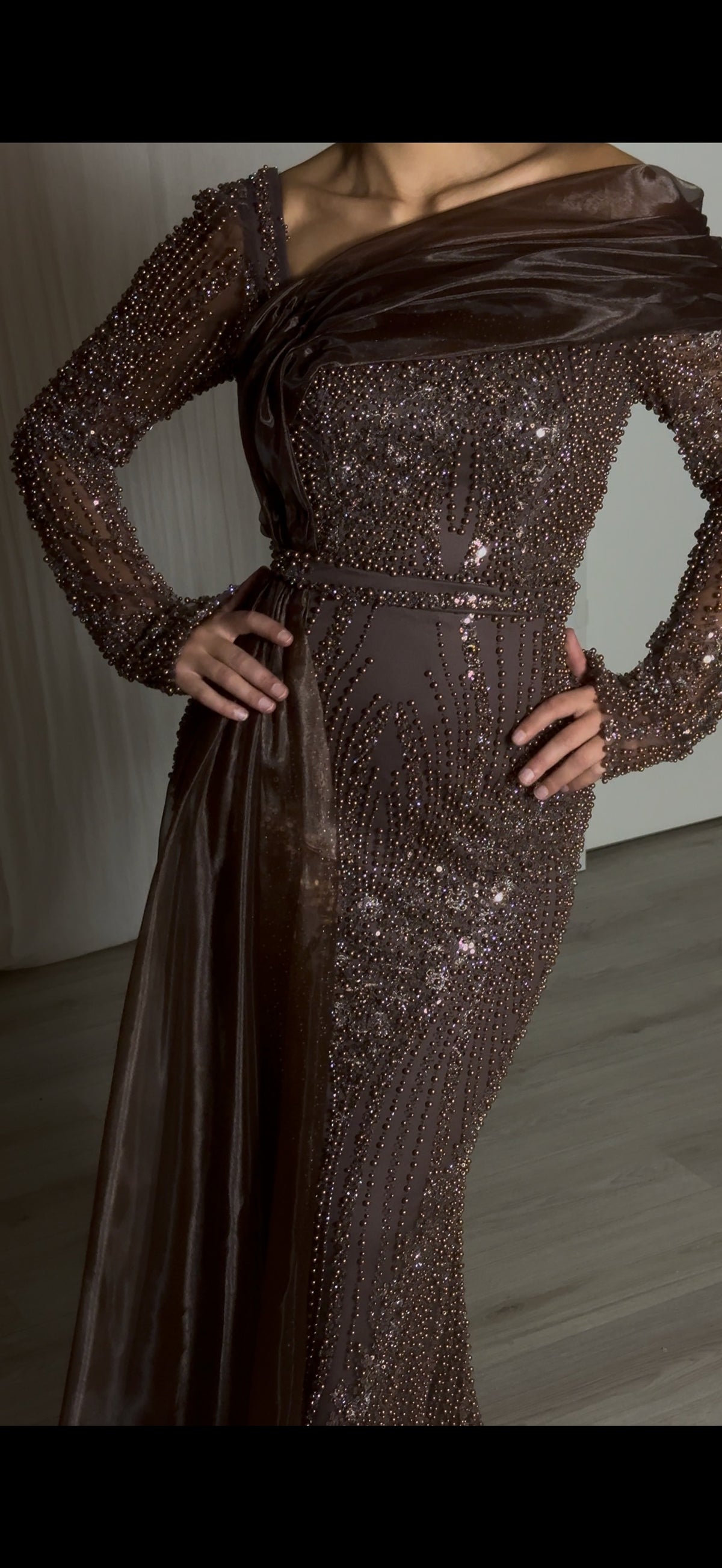 Beaded Asymmetrical Evening Gown with Drape