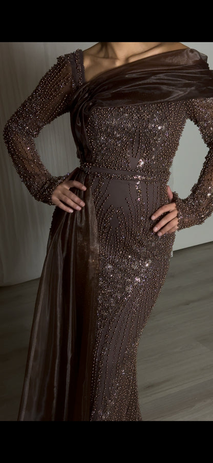 Beaded Asymmetrical Evening Gown with Drape
