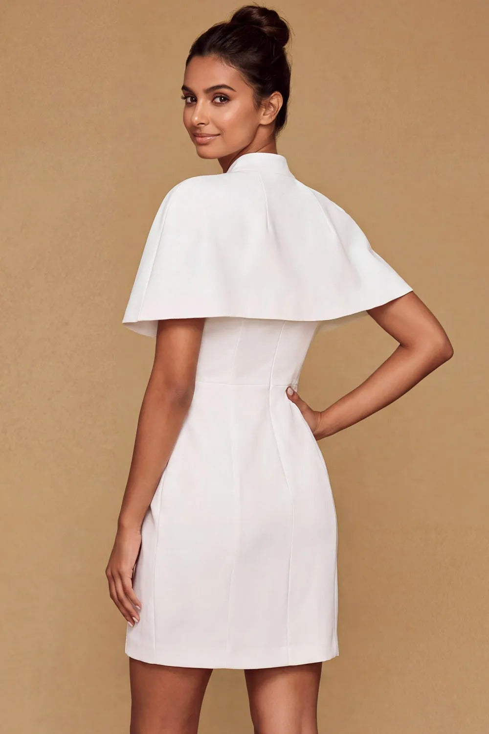 High-Neck Capelet Mini Sheath Dress